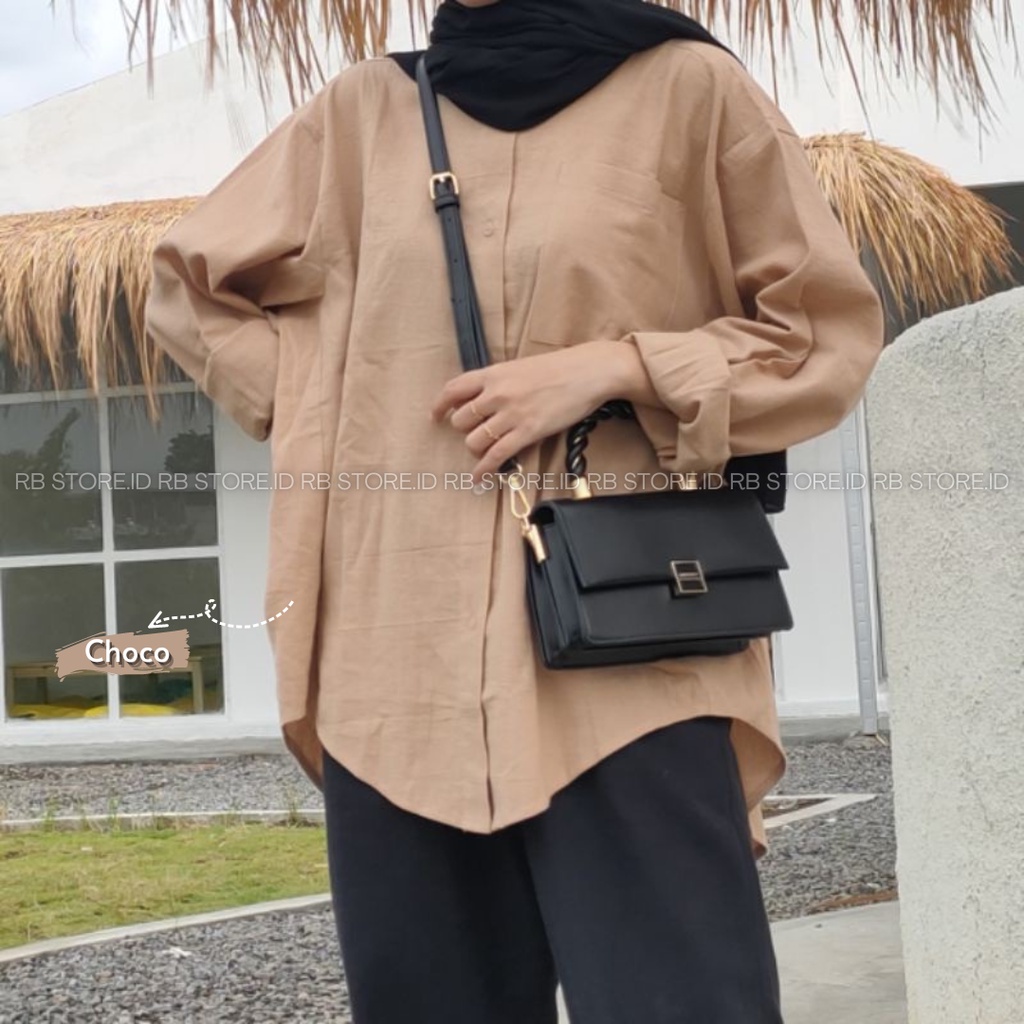 Kemeja Wanita Linen Oversize Olivia Shirt Linen Pocket-OLIVIA CHOCO