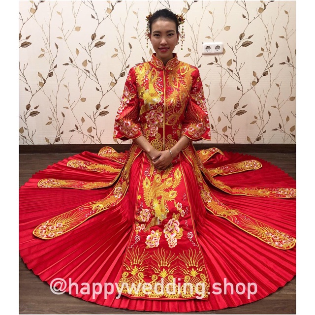 Dress Sangjit / Tunangan Cheongsam wanita motif Bunga Pink Gold Full Bordir / Dress Wedding