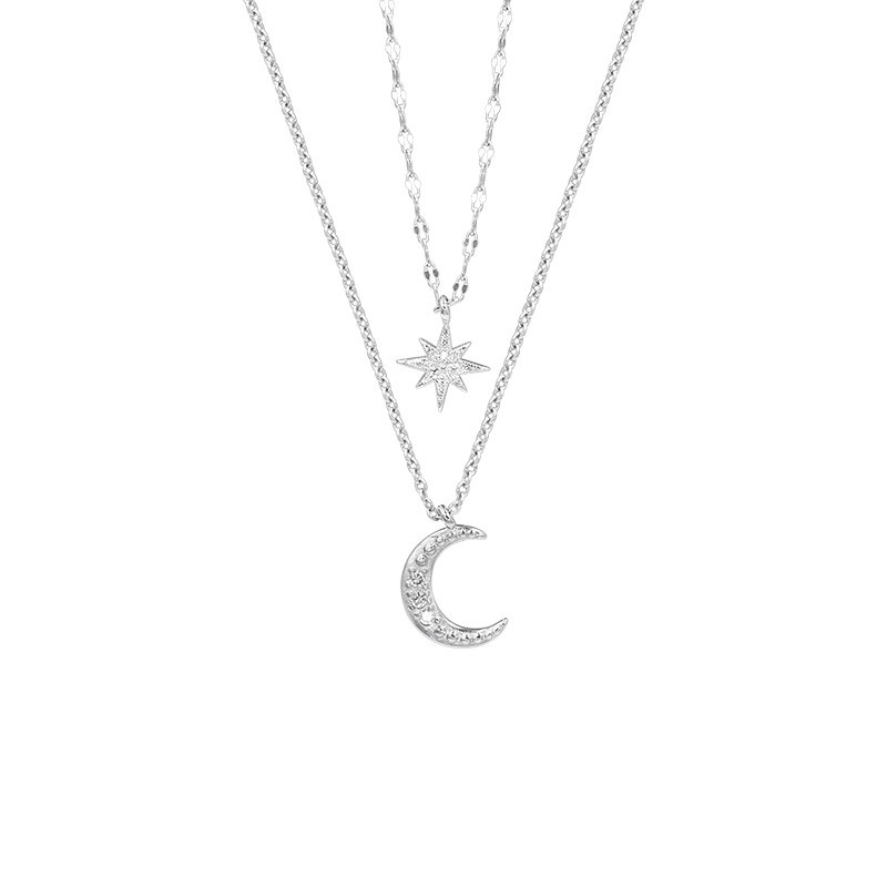 Fashion Aksesoris S925 Sterling Silver Kalung Double Moon Bentuk Bintang Desain Sederhana dan Serbaguna