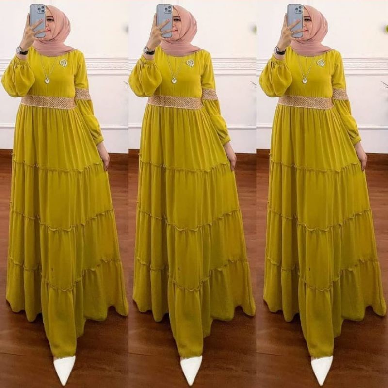 Baju Gamis wanita Lebaran Terbaru 2021 Polka Syari Bahan Ceruty motif Polkadot   L XL Tali Pinggang