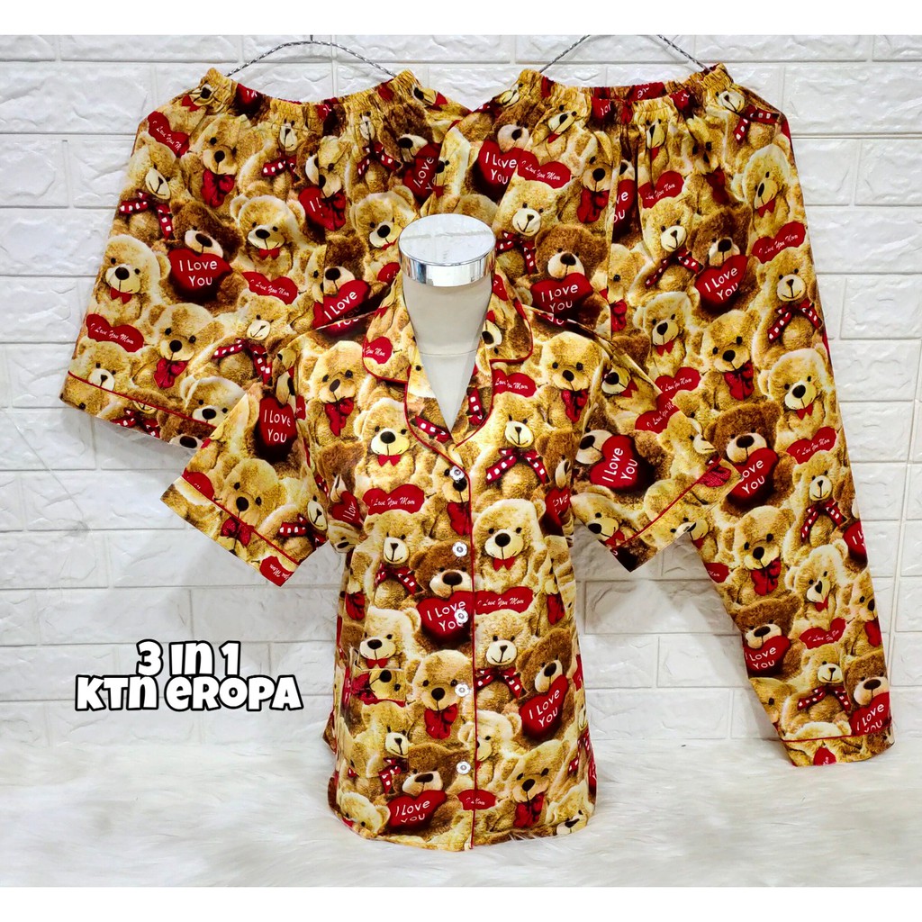 SEASOND IND 3in1 Piyama/Baju Tidur Wanita Dewasa Hello Kitty/L Fit to XL-Teddy Love