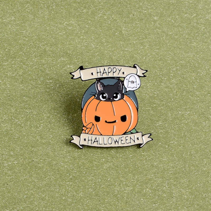 Bros Pin Enamel Desain Labu Halloween Kucing Hitam Dan Hantu Untuk Pria Dan Wanita