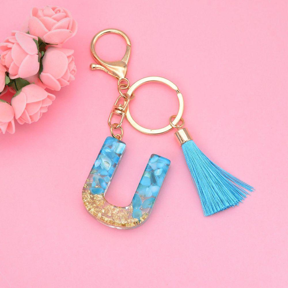 NEEDWAY 26huruf Gantungan Kunci Resin Fashion Biru Rumbai Liontin Ornamen Perhiasan Kristal Alfabet Key Chain