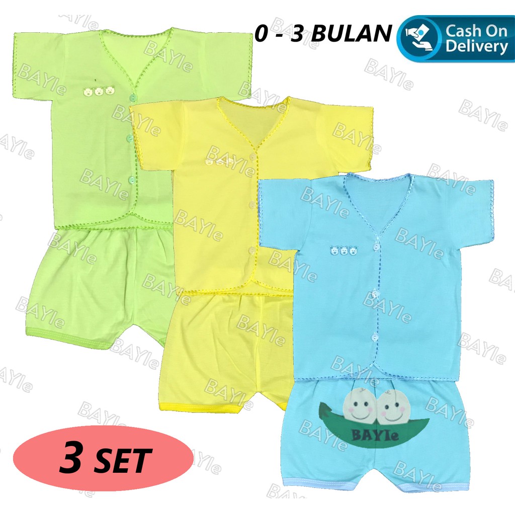 BAYIe - 3 SET Setelan Baju Bayi Pendek+Celana Pendek Polos WARNA umur 0-3 bulan