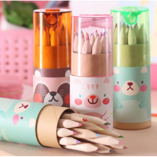 Pensil Warna Impor 12 Warna Karakter WAJAH MUKA HEWAN / Set Botol Pensil Warna Karakter + Rautan