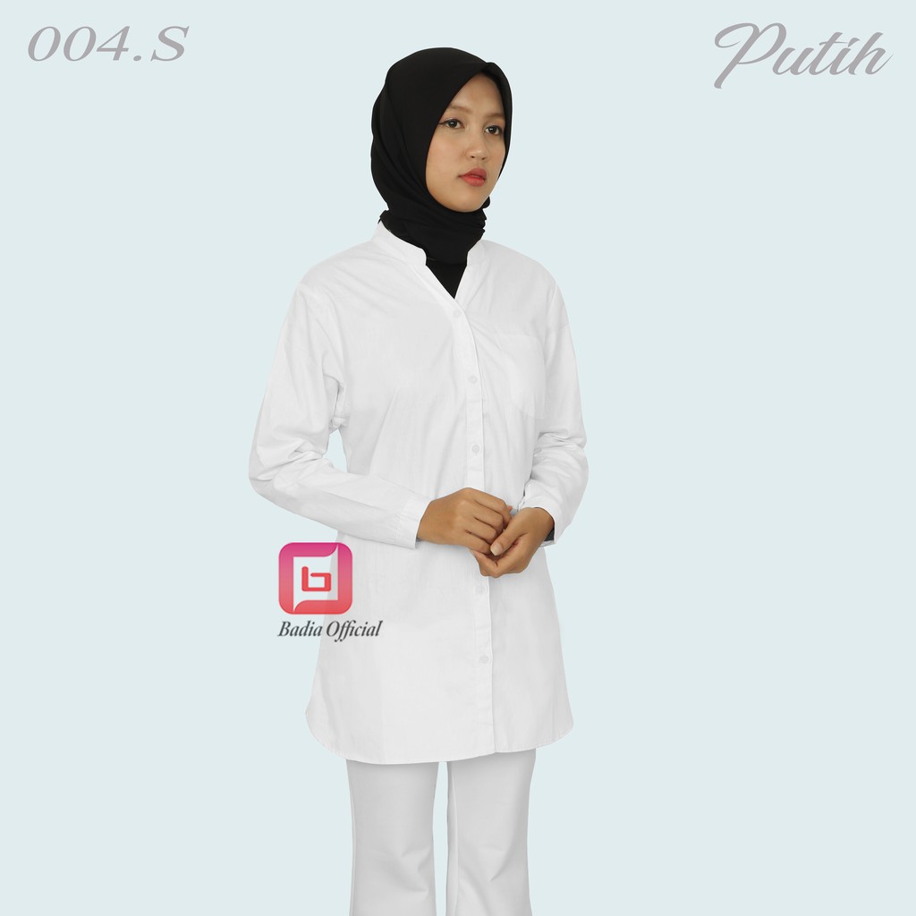 kemeja tunik putih polos tanpa kerah v neck sanghai kantong panjang nututupi pantat sampai jumbo wanita permium