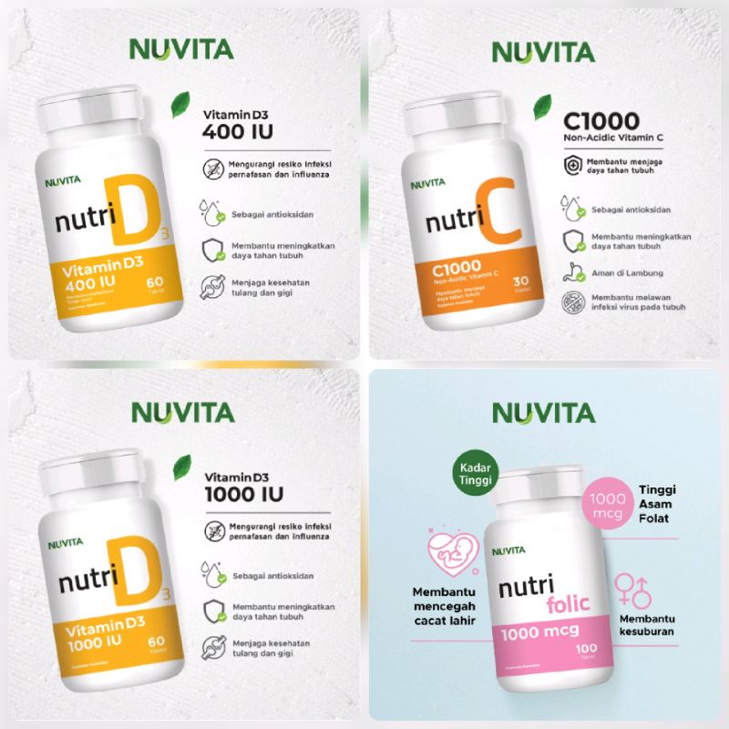 Nuvita Folic Acid 100 Caps 1000mcg Asam Folat l Vitamin C Nutri C 1000mg 30 Caps l Vitamin D3 Nutri D 1000IU 60 Caps