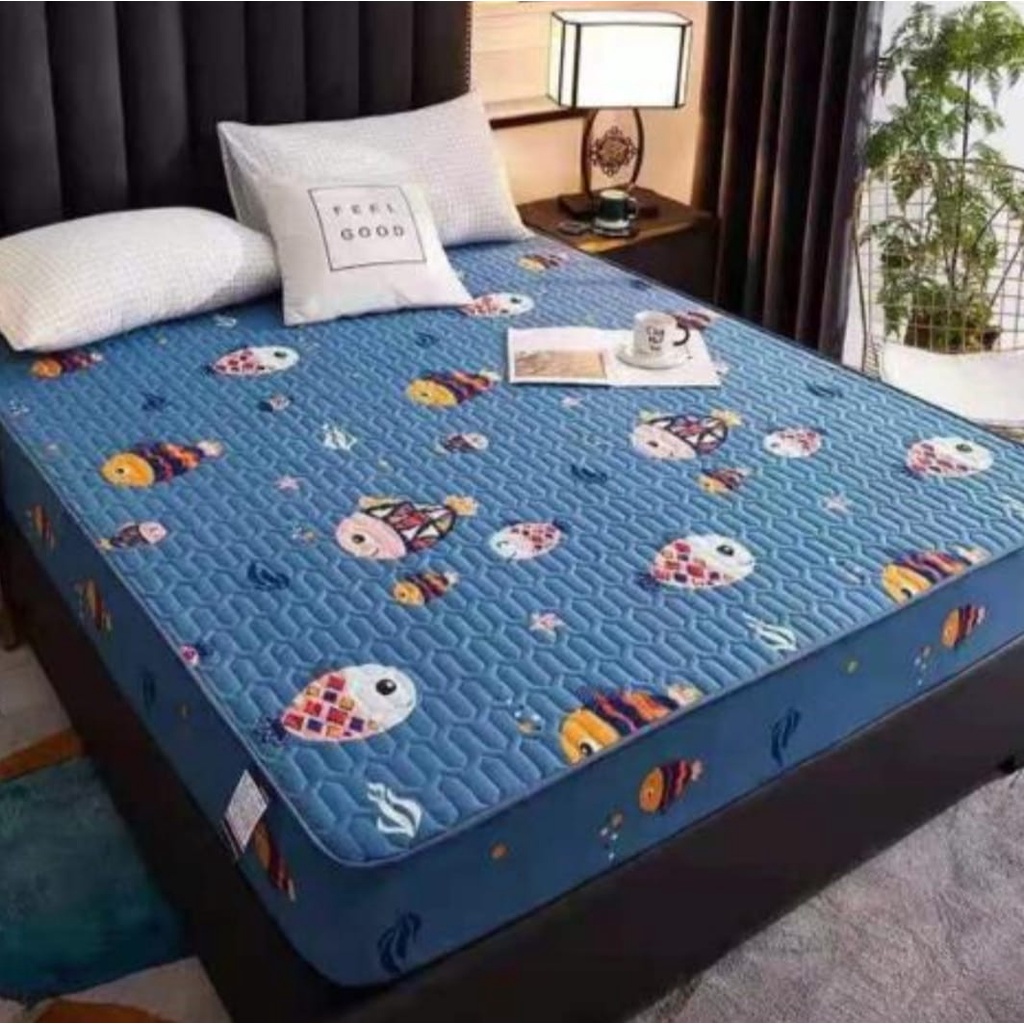 Sprei Waterproof / Sprei Protektor bermotif  ukuran 180x200cm-biru ikan