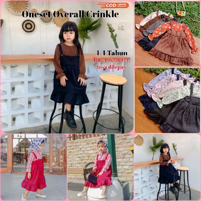 Set Setelan Baju Rayon Crinkle Plus Overall Anak Perempuan Cewek Lengan Panjang Leoni Beuzee SML 1 2 3 4 Tahun