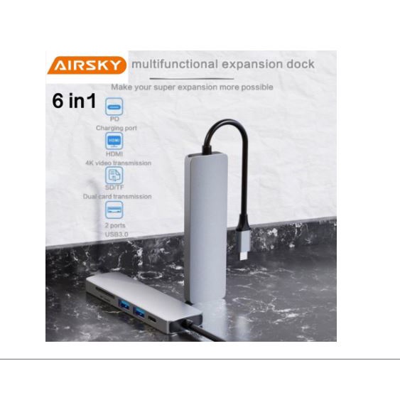 Type-c to hdmi Usb 2.0 3.0 hub card reader sd tf pd airsky 4k 30hz UHD 5Gbps 480Mbps 55w hc-13c - Usb-c 6in1 air sky