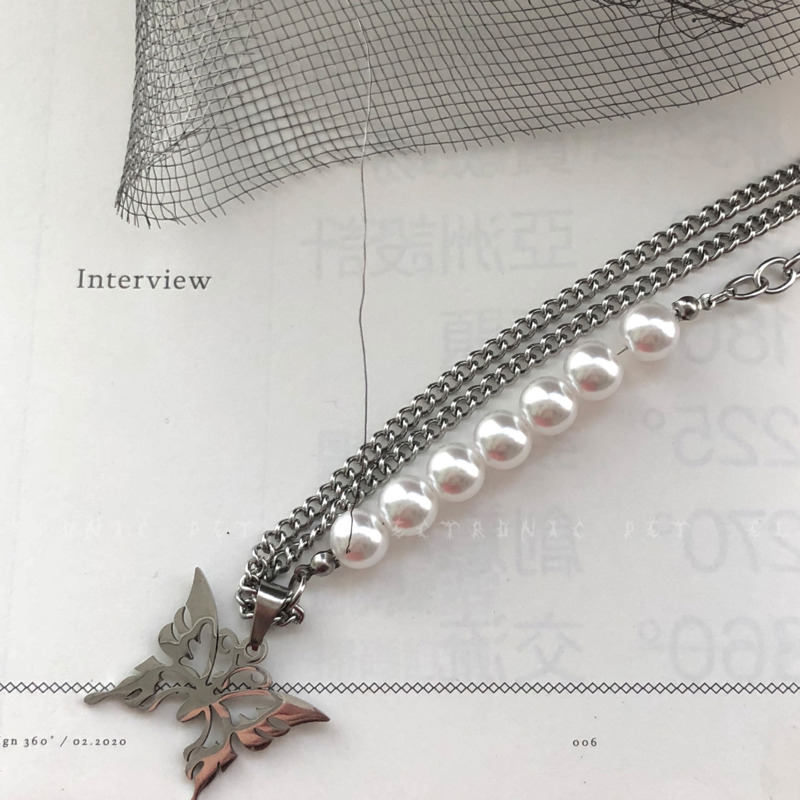 Butterfly Stitching Pearl Necklace Accessories Street Titanium Steel Chain Pendant