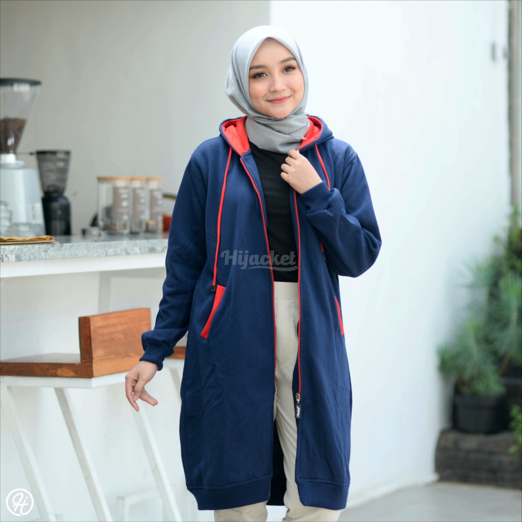 Jaket Polos Wanita Hijacket Basic Navy x Red Hoodie Panjang Bahan Premium Fleece Tebal-2