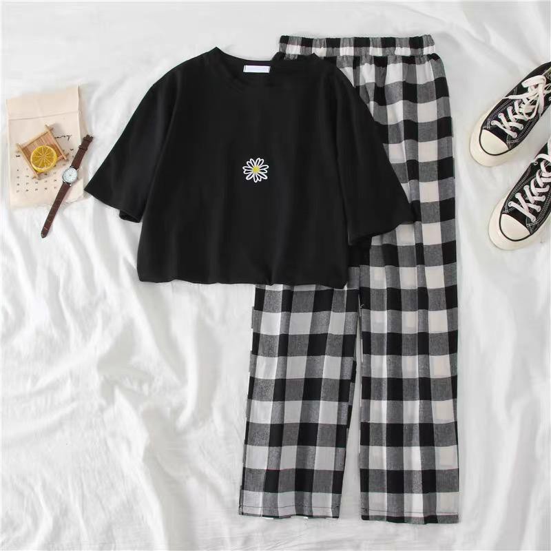 BEFAST - ZFS OOTD Wanita Setelan JIAYU / BSQ KULOT SET / Setelan Atasan Kaos Lengan Pende+Celana Kulot Motif Kotak / Setelan Kekiniaan Remaja Wanita / Set Viral Di TikTok / Termurah