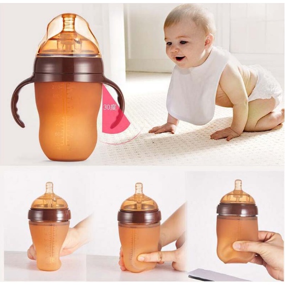 Botol susu bayi Silikon Leher Lebar (WIDE NECK) Warna Coklat / Botol Bayi dengan sedotan Baby bottle BEST SELLER * Barang spot