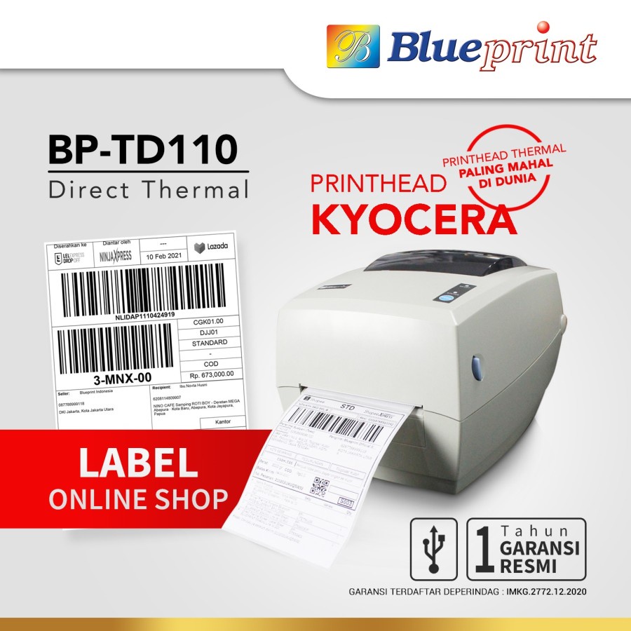 PRINTER BARCODE THERMAL BLUEPRINT TD110 USB - LABEL RESI UKURAN A6