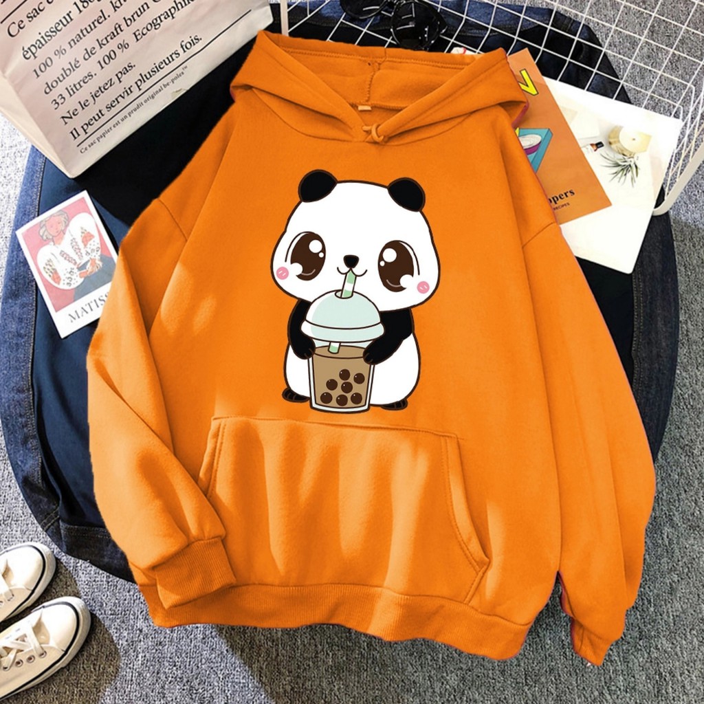 Hoodie Sweater Wanita Anime Kartun Panda Jaket Cewek Kekinian Oversize Murah Tebal Import Bisa Cod-Orange