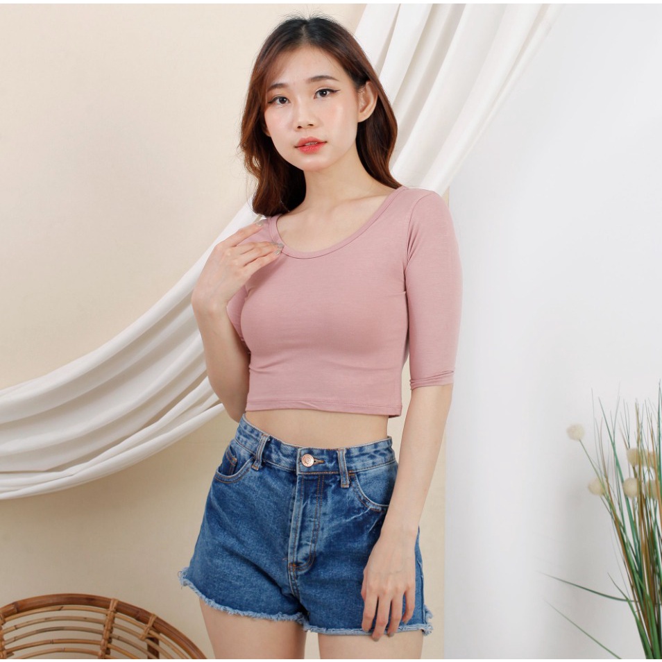 CAVALU Korean Sexy Crop Top Kaos Lengan 3/4 Baju Atasan Wanita 085