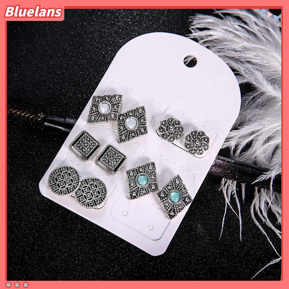 5 Pasang Anting Stud Berlian Imitasi Geometris Rongga Gaya Bohemia Untuk Perhiasan Wanita