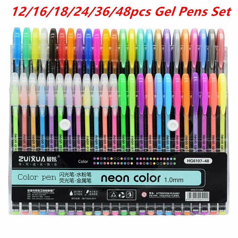 Nanas12 /16 /18 /24 /36/48pcs Gel Pulpen Set Glitter Buku Mewarnai Seni Rupa Pastel