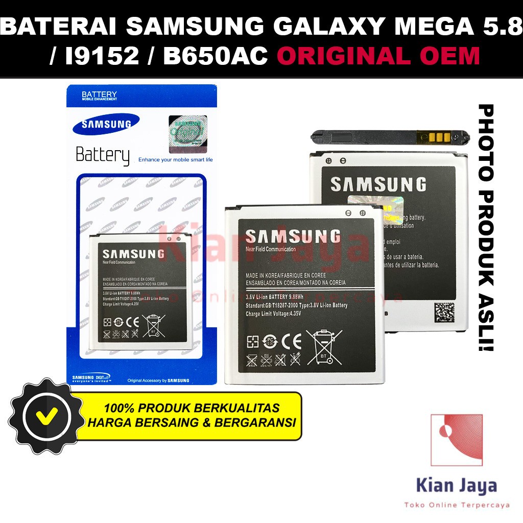 Baterai Samsung Galaxy Mega Duos 5.8 I9150 I9152 Original OEM Batre Batrai battery Hp B650AC Ori