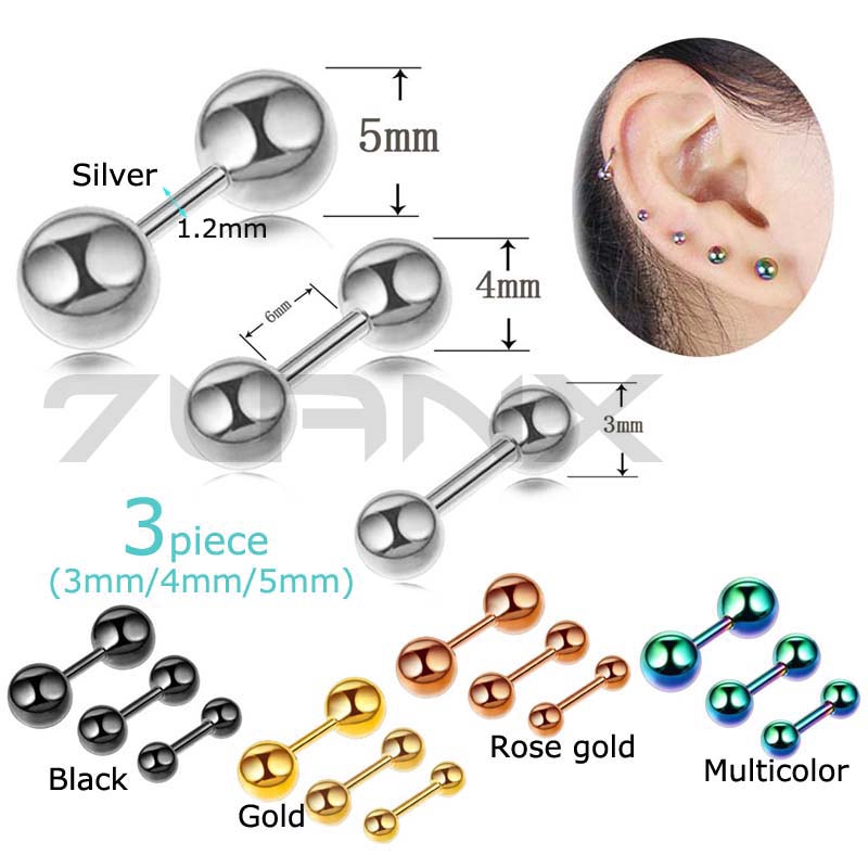 3piece 3/4/5mm Stainless Steel Dumbbell Double Ball Earrings Stud Helix Pinna Tragus Piercing 16G