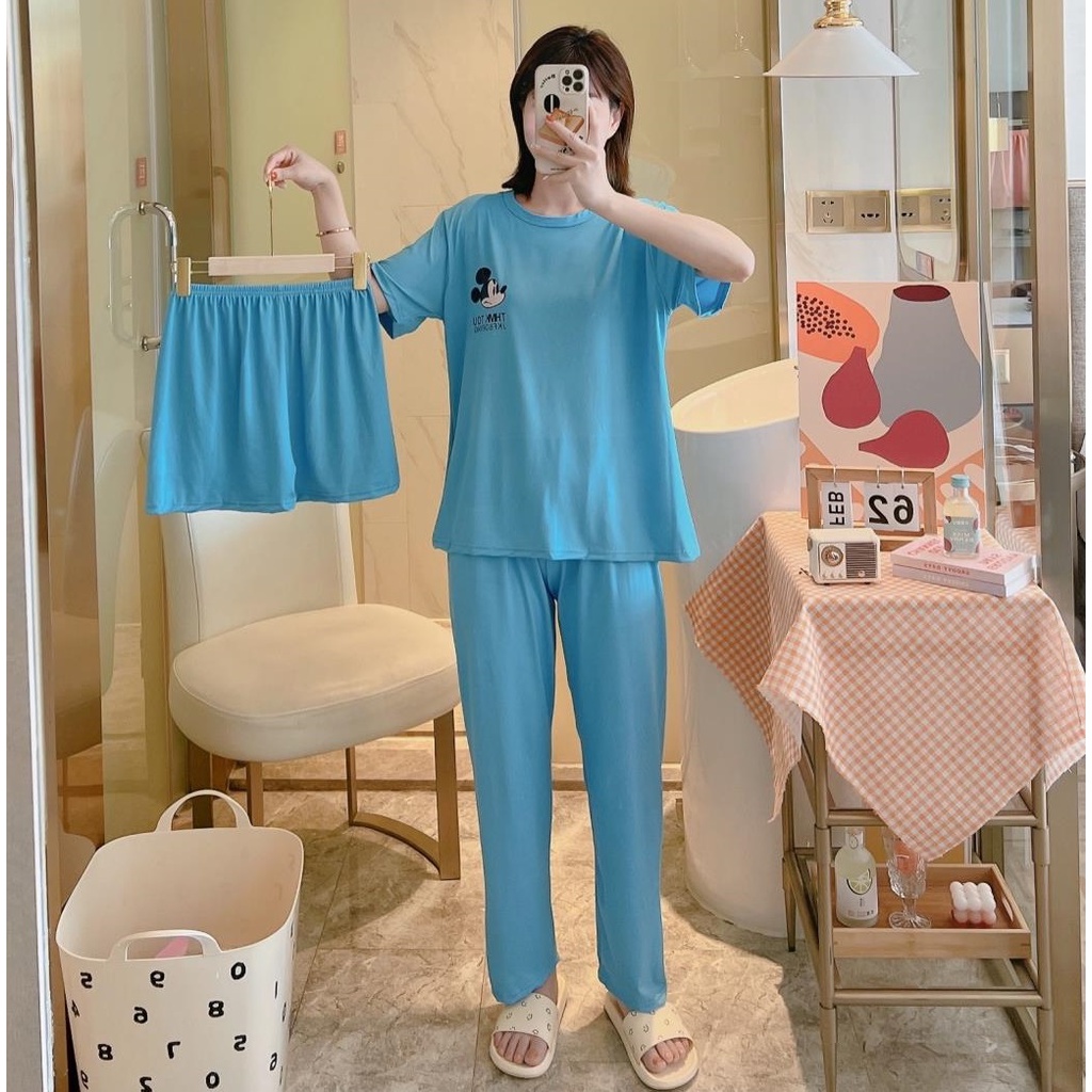 AJW Shop Piyama 3in1 | Piyama Import Dewasa | Setelan Wanita Kekinian | Baju Tidur Wanita Dewasa-Mic Blue