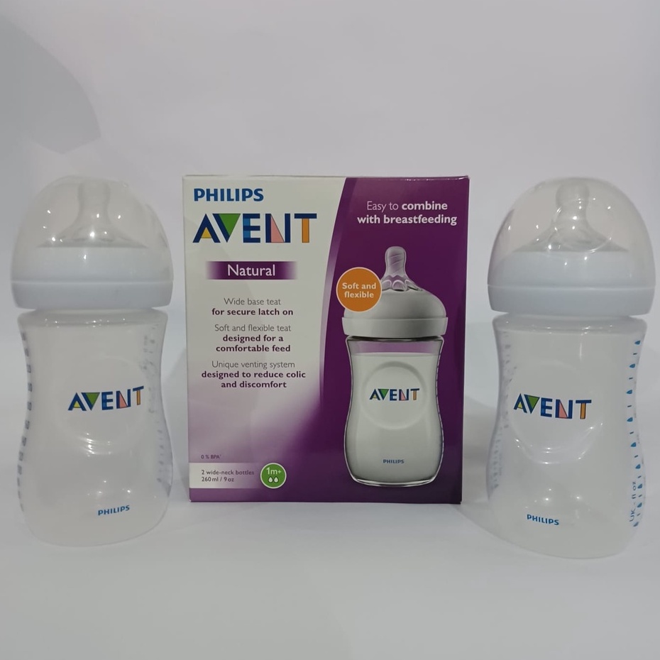 BOTOL SUSU AVENT 125/260ml 1bln+ NATURAL BOTOL &amp; 2pcs Avent 6m+ Nipple Dot Bayi Natural Susu Leher Lebar/Wide Neck Bottles 1bln+ SCF 693/23 dot bayi