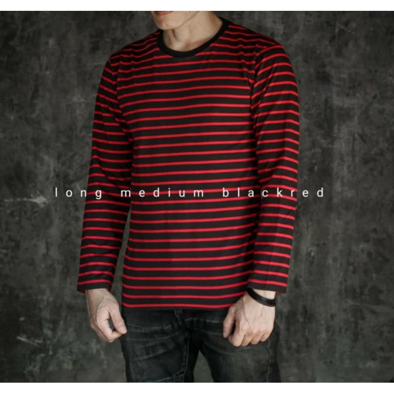 kaos garis salur merah hitam lengan panjang