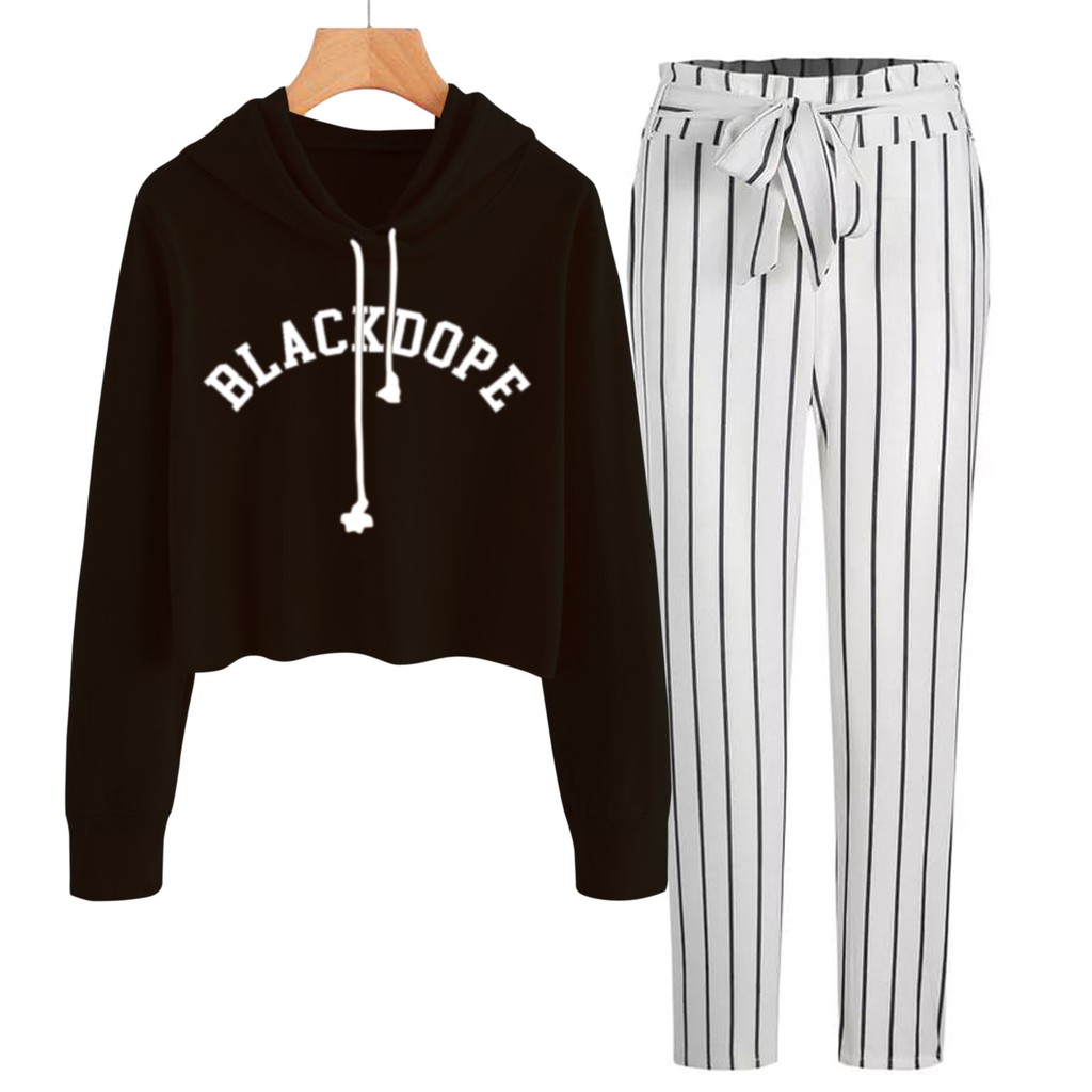 BESS - Baju Setelan Wanita Murah / Setelan Hoodie Crop + Celana Salur Putih - BLACKDOPE