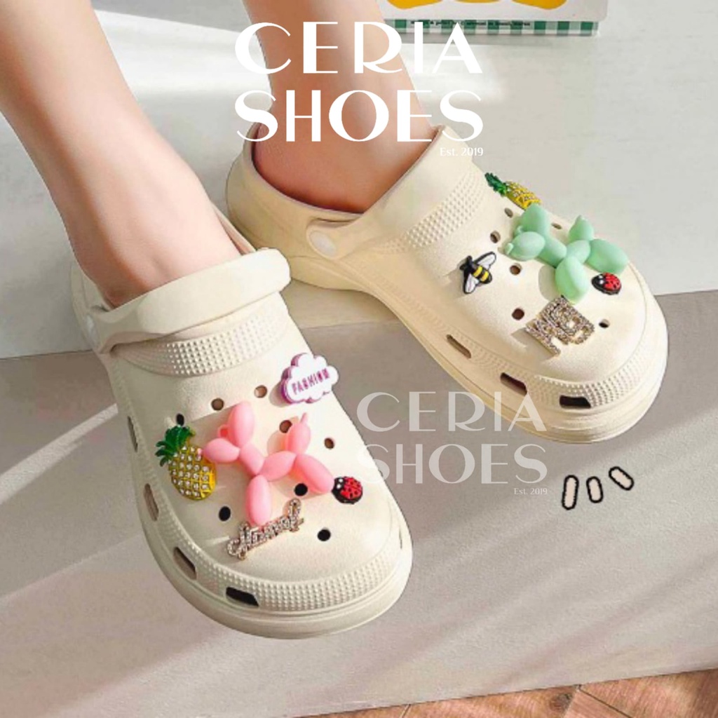 EVA Sandal Slop Wanita Bahan Karet Spons EVA Import Korean Super Empuk Ringan Elastis Tebal 5 Cm Jibbitz Ballons Non-Slip Sole Summer Sandals