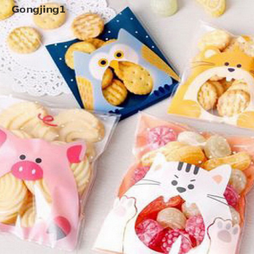 Gongjing1 100pcs Kantong Plastik Permen / Kue Motif Hewan Lucu Dengan Perekat Untuk Pesta