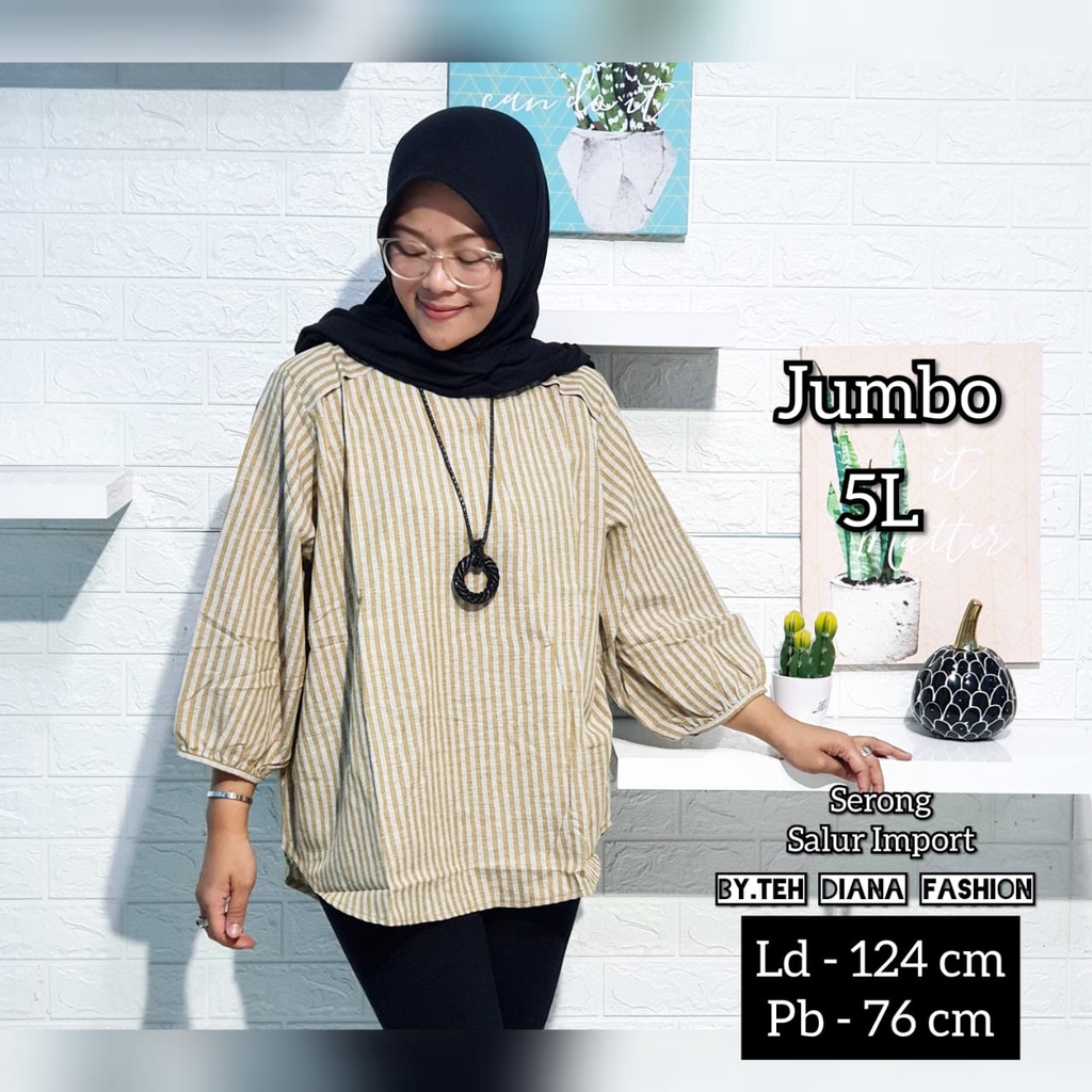 Atasan Wanita Jumbo / Blouse Wanita Jumbo / Baju Atasan Wanita Jumbo Serong Salur Import LD= 124 Cm-Kuning Salur Kecil