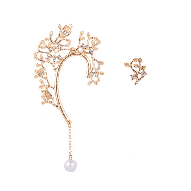 Anting Tusuk Fashion Gold Color Asymmetric Branch Drop Pearl P84177