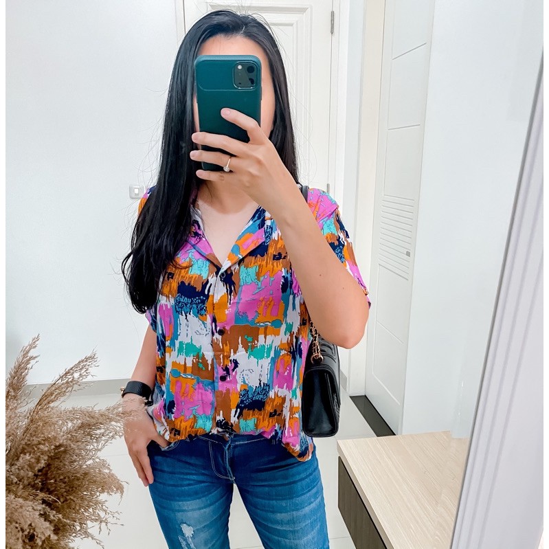 Double Lucky / Kemeja Rayon Pendek / Kemeja Wanita Rayon / Baju Atasan Wanita / Corak-Hawaii pink