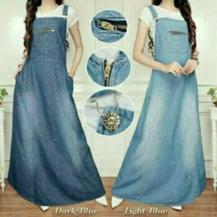 overall jeans denim rok panjang muslim wearpack dress kodok zipper