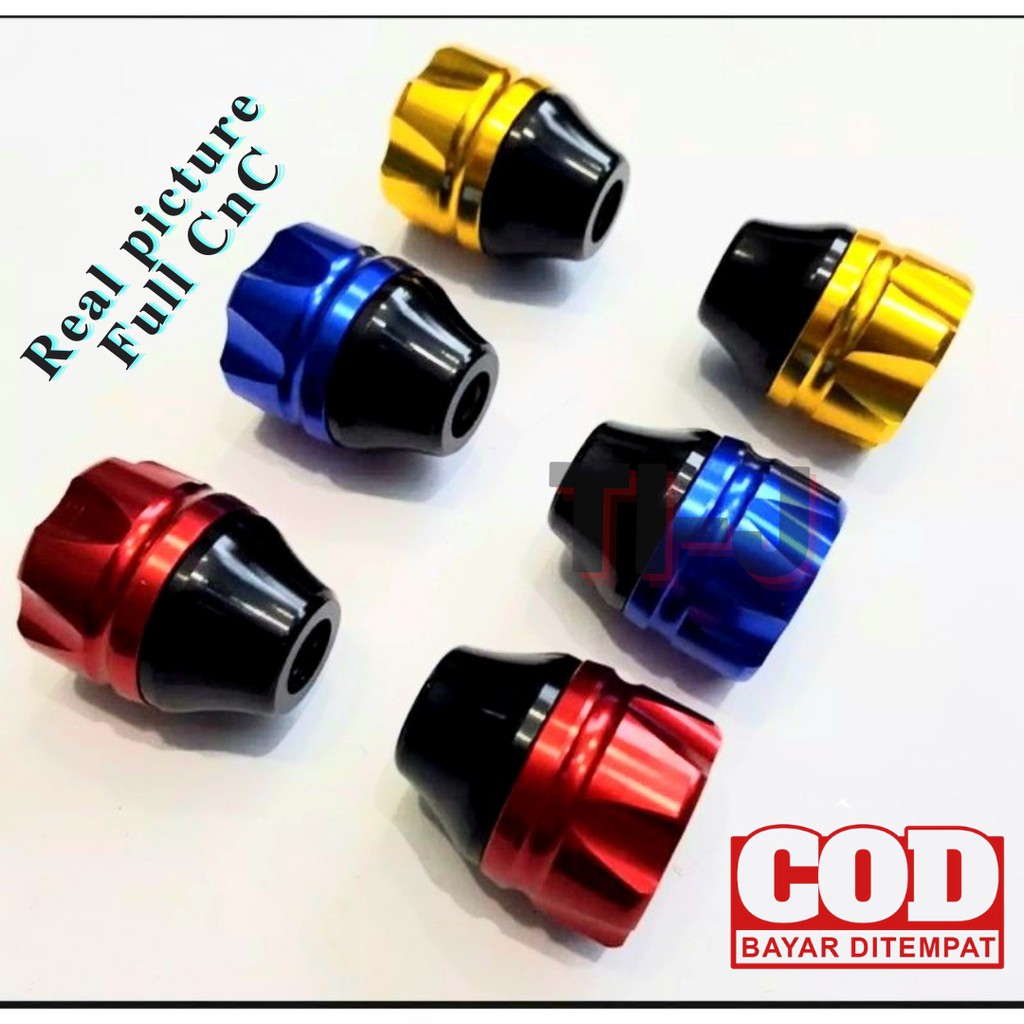 sepasang jalu as roda depan full cnc model corong warna merah, biru, gold