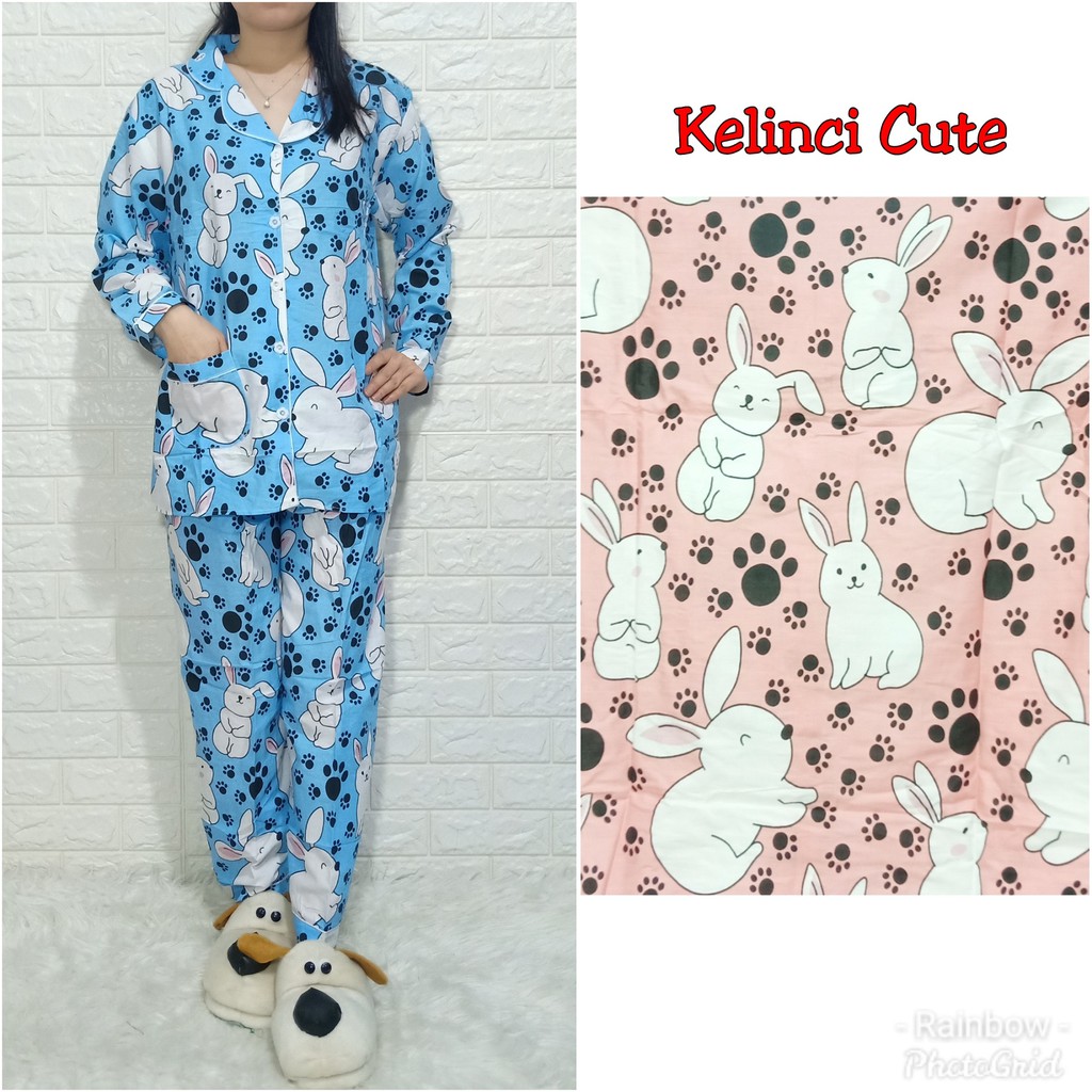 Piyama dewasa PP XL celana panjang baju panjang, katun jepang, FIT TO XL, motif BUNGA PANDA/RABBIT