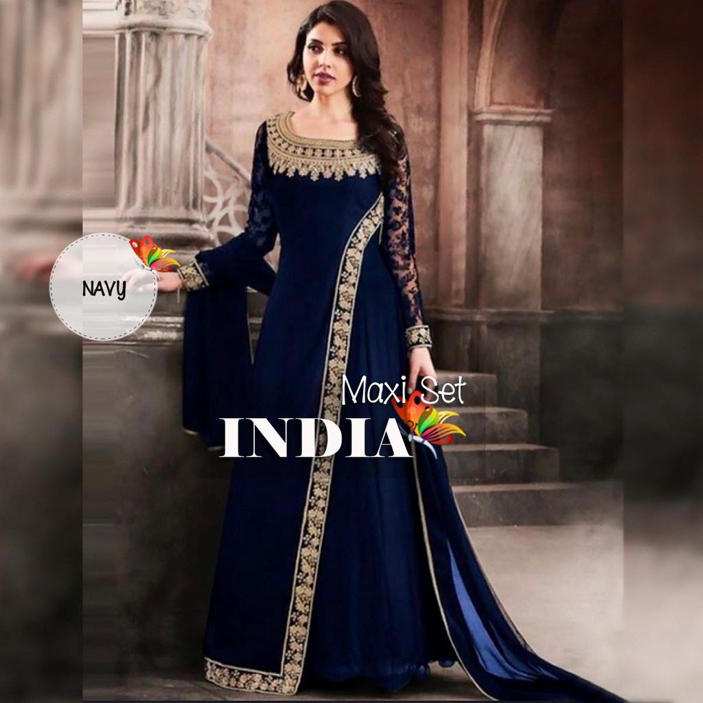 BAJU GAMIS WANITA SET MAXI INDIA BORDIRSETELAN MOSCREPE AKSEN BORDIR ADA SELENDANG fashion kekinian 