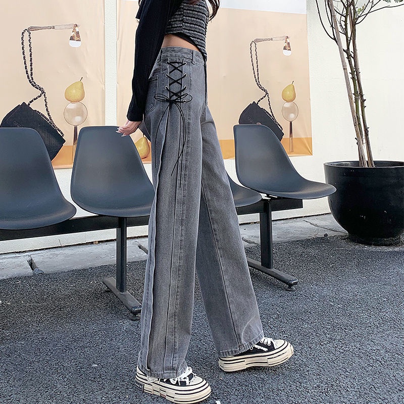 Red wanita high waist strappy jeans women s summer new design niche smoke grey loose straight wide leg mopping pants