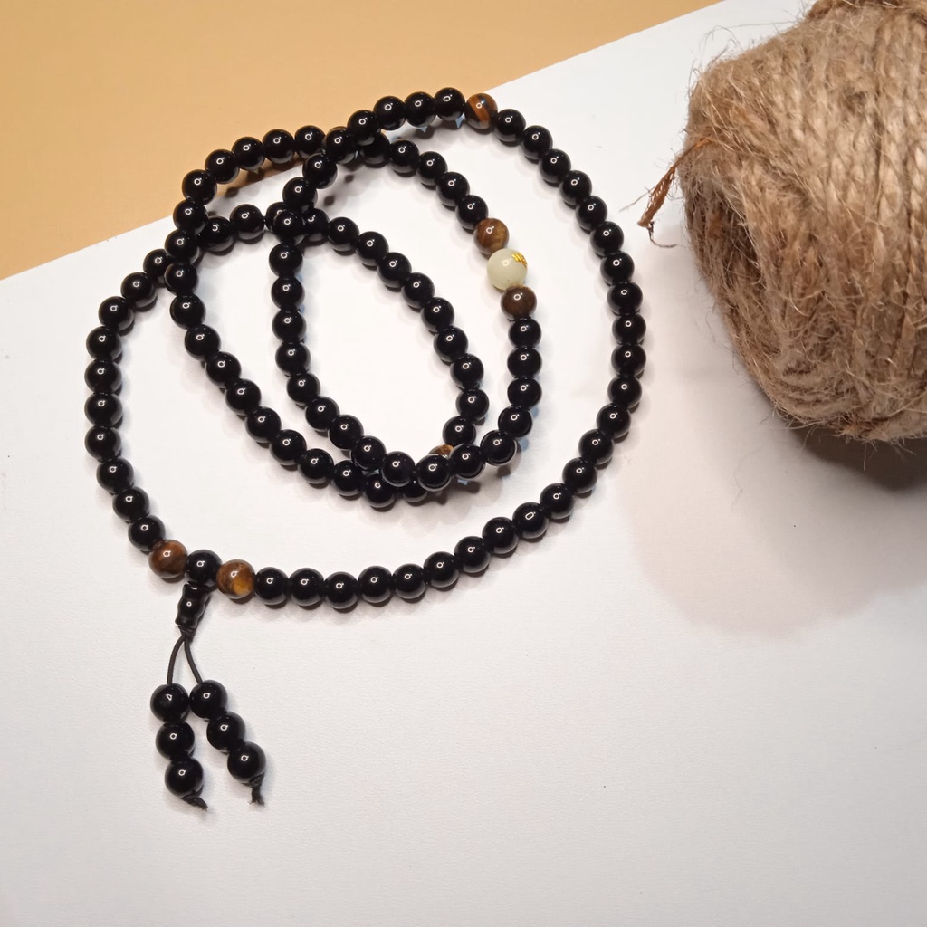 Kalung Tasbih Japamala 108 Batu Black Onyx Kombinasi Tiger Eye