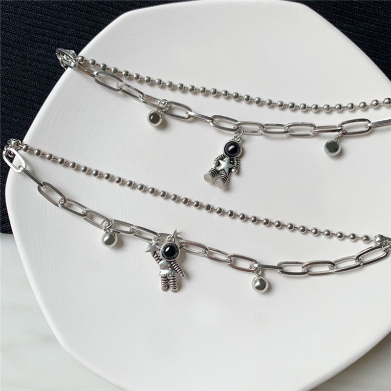AY(CN) Gelang Rantai Liontin Astronot Ganda Warna Silver Untuk Aksesoris Pasangan Sahabat