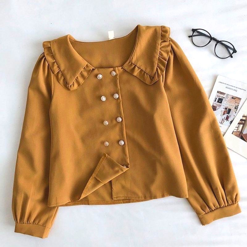 1 KG 6 PCS | DELONIX TOP / ATASAN WANITA / PUFF LENGAN BALON KERUT / KEMEJA WANITA / FASHION MURAH-DELONIX TOP MUSTARD