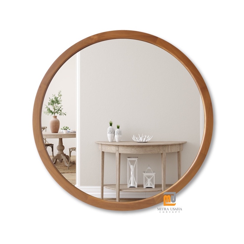 Cermin bulat kayu jati - Pigura Jati Bulat 60cm - Pigura type 4x2,5 - Cermin Bulat - Pigura kayu bul
