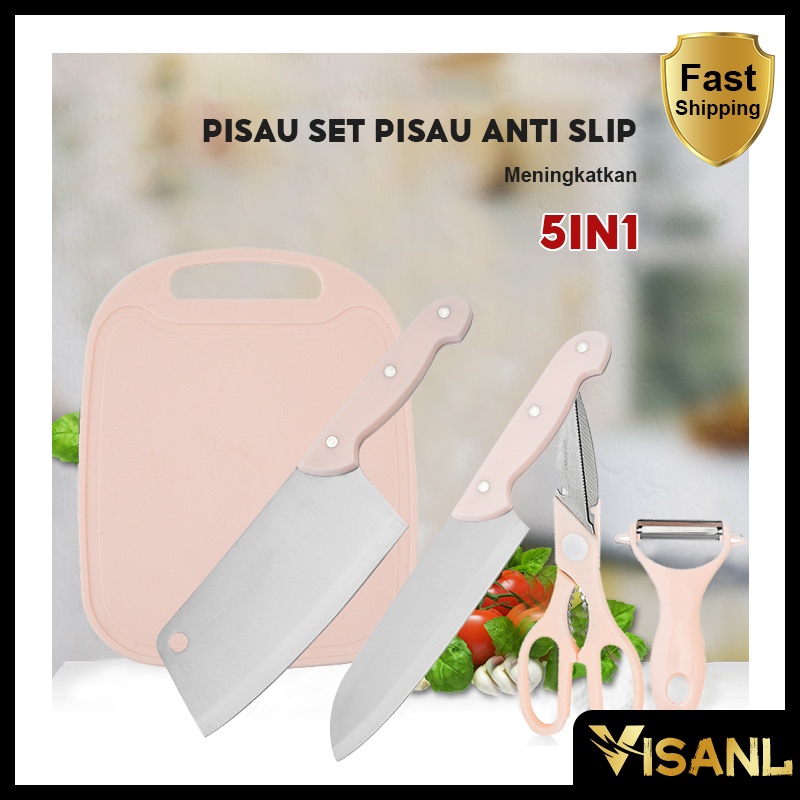 Korean Set Pisau 5 in 1 Pisau Set Kualitas Bagus Pisau pengupas / Talenan / Gunting / Pisau buah