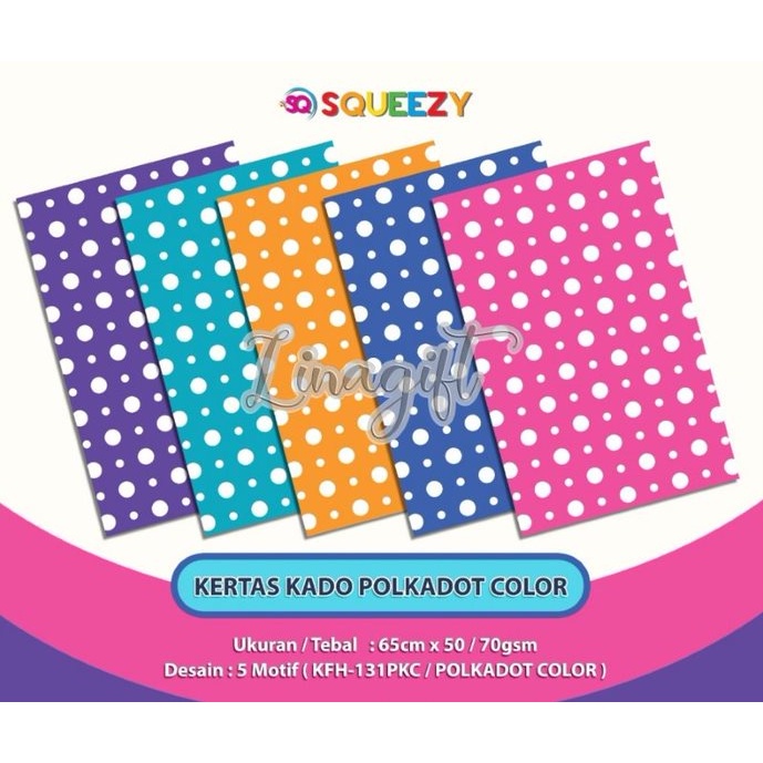 

( 5 Lembar ) POLKADOTS SQ - KERTAS KADO DOFF / GIFT WRAPPING PAPER COLOUR DOT PINK BLUE PURPLE ONDE