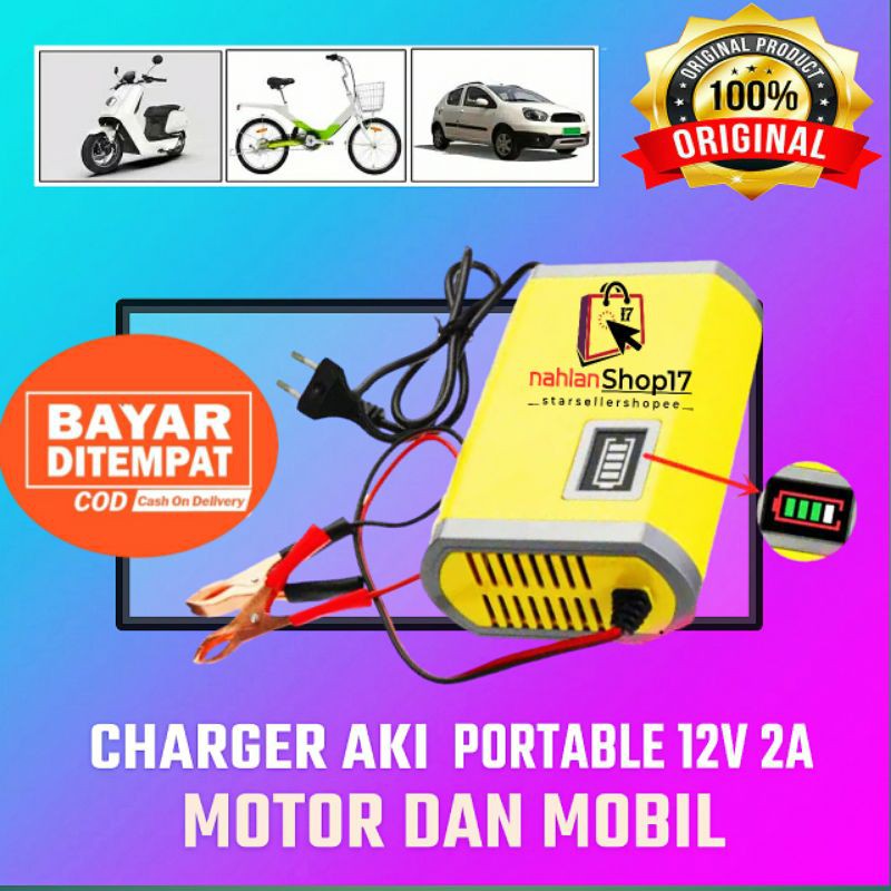 CHARGER AKI PORTABLE MOTOR MOBIL 12V/2A / CHARGER ACU PORTABEL MOTOR MOBIL 12V 2A