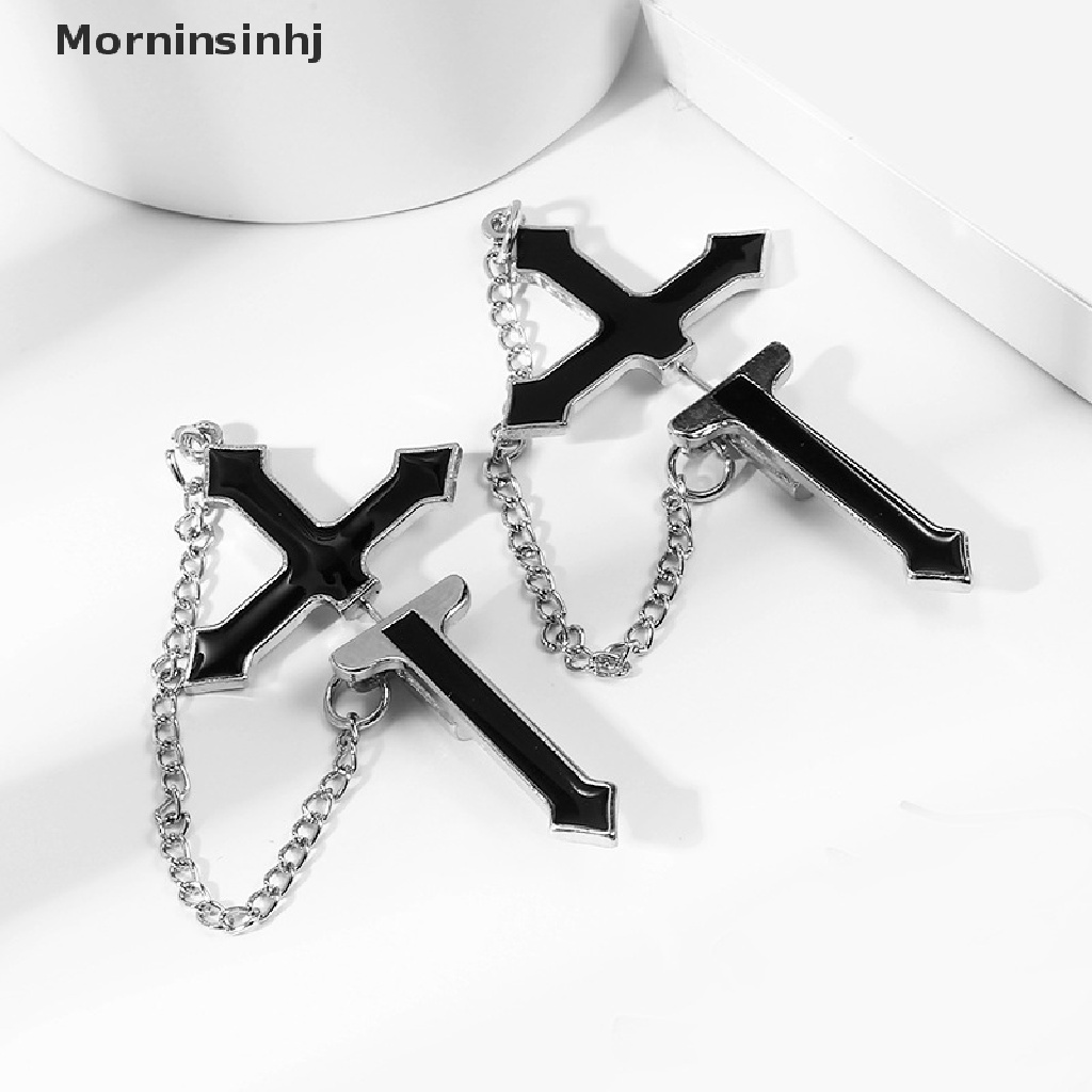 Mornin Anting Fashion Punk Black Cross Drop Untuk Remaja Vintage Rock Pride Rantai Panjang id