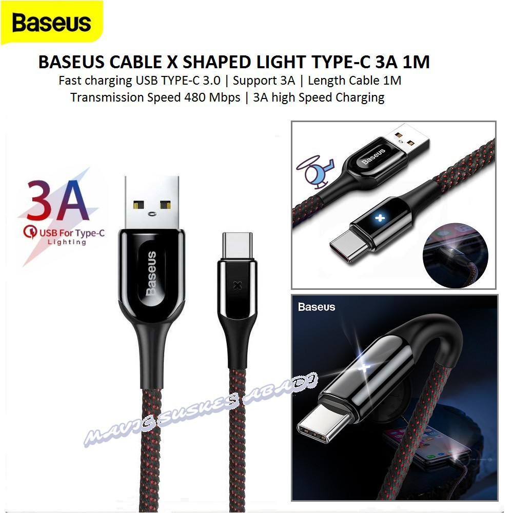 BASEUS KABEL USB TYPE C X SHAPED LIGHT CABLE TYPE-C 3A 1M - GARANSI RESMI