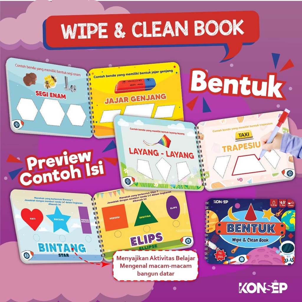 Activity Book Wipe And Clean - Seri Bentuk - Konsep Studio - Buku Edukasi Anak Belajar Menulis Untuk PAUD dan TK