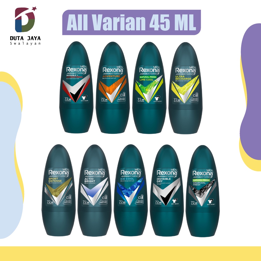 Rexona Men Invisible Dry, Adventure, Lime Cool, Ice Cool, Ultra Recharge, Sport Defense, Activ Bright, Charcoal Deodorant Roll On Pria Anti Perspirant All Varian 45 ML